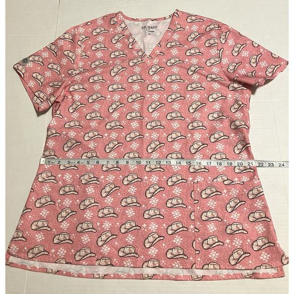 Womens Spurrin’ Scrubs Medical Scrub Top Western Cowboy Cowgirl Hat Pink XL READ - Picture 9 of 11